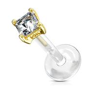 Tapsi ´S Coolbodyart Labret Connecteur Piercing Lèvres Bioflex, Pièce Jointe 14 K Gold avec Zircon Clair Blanc Carré