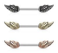 Tapsi´s Coolbodyart Mamelons Piercing Acier de Chirurgie 316L Or, Or Rose, Argent Vieilli Ailes d'ange - Ensemble de 3