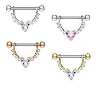 Tapsi´s Coolbodyart Piercing Têtons Piercing Nichon Acier Chirurgical 316L Doré 14 Carat ; Argent; Or Rose Zircone Coeur - Cœur de 4 Set