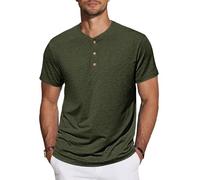 TARAINYA Henley T-Shirt Homme Coton Manches Courtes col Mao été Casual avec Bouton Décontractées Regular Fit Vert armée L