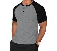 TARAINYA Henley T-Shirt Homme Coton Manches Courtes col Mao été Casual avec Bouton Décontractées Regular Fit Gris foncé Noir M