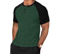 TARAINYA Henley T-Shirt Homme Coton Manches Courtes col Mao été Casual avec Bouton Décontractées Regular Fit Vert Noir XL