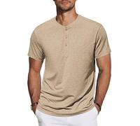TARAINYA Henley T-Shirt Homme Coton Manches Courtes col Mao été Casual avec Bouton Décontractées Regular Fit Kaki XL
