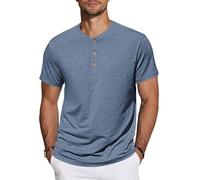 TARAINYA Henley T-Shirt Homme Coton Manches Courtes col Mao été Casual avec Bouton Décontractées Regular Fit Bleu L