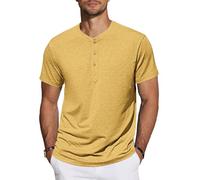 TARAINYA Henley T-Shirt Homme Coton Manches Courtes col Mao été Casual avec Bouton Décontractées Regular Fit Jaune L