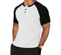 TARAINYA Henley T-Shirt Homme Coton Manches Courtes col Mao été Casual avec Bouton Décontractées Regular Fit Blanc Noir L