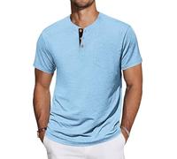 TARAINYA Henley T-Shirt Homme Cotton Tee Shirts Manches Courtes éTé avec Poche Décontractées Regular Fit Bleu Clair L