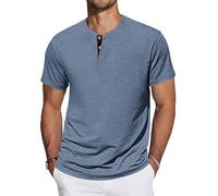 TARAINYA Henley T-Shirt Homme Cotton Tee Shirts Manches Courtes éTé avec Poche Décontractées Regular Fit Bleu L
