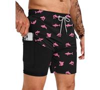 TARAINYA Short de Bain Homme Zip 2-en-1 Été Requins Noir Rose L