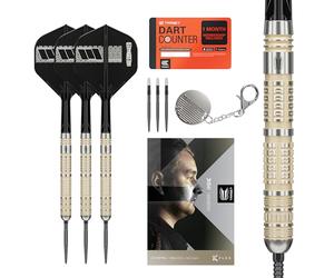 Target Darts Dimitri Van den Bergh Jeu de Fléchettes 95K à Pointe en Acier, 23G | Fléchettes 95% Tungstène, Ailettes Tige K-Flex N° 2, Pointes Swiss DX Noires Outil SP Inclus | Édition Joueurs