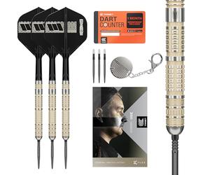 Target Darts Dimitri Van den Bergh Jeu de Fléchettes 95K à Pointe en Acier, 24G | Fléchettes 95% Tungstène, Ailettes Tige K-Flex N° 2, Pointes Swiss DX Noires Outil SP Inclus | Édition Joueurs