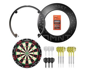 Target Darts Omni Ensemble Complet pour la Maison | Système de Pointage Automatique avec Protection Murale et Cible TOR | Système D'éclairage LED | Fléchettes avec Pointe en Acier Tungstène à 90%