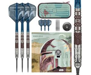 Target Darts Star Wars Mandalorian 95% Tungstène Pointe en Acier Fléchettes, 24G | Noir Swiss Storm Points, Noir et Bleu K-Flex N° 6/N° 2 Ailettes et Arbres, Premium Swiss Porte-clés Outil