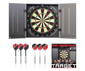Target Darts Summit Ensemble de Fléchettes avec Armoire et Panneau Mince | Ensemble Complet | Comprend Une Armoire et Un Panneau, Laiton à Pointe en Acier, Un Abonnement Mois L'application Dartcounter