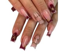 Targonix Lot de 24 ongles à presser à la française, taille moyenne, rouge bordeaux, autocollants, avec tourbillons de fleurs et perles dorées, en acrylique réutilisable pour mariages, fêtes et