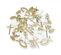 Targonix Lot de 70 décorations de confirmation en bois - Décoration de table de baptême et de confirmation - Avec croix, poisson, colombe et feuille - Pour communion, première communion