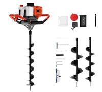 Tarière à essence à 2 temps 52 cc - Moteur 2 CV - Réservoir de 1,2 l - Tarière de jardin - Poteaux de clôture - Excavatrice - Avec 3 forets de 100, 150, 200 mm, refroidi par air, monocylindre,