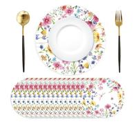 Tarklanda Lot de 50 sets de table jetables en papier avec motifs de fleurs de printemps - 34 cm de diamètre - Décoratifs avec libellules et fleurs sauvages pour anniversaire de printemps, mariage et