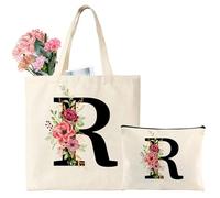 Tarklanda Personnalisé Alphabet Sac en Toile, Tote Bag Initiale, Sac Fourre Tout Femme, Cadeau pour Femme, Amie, Demoiselle d'honneur, Idéal Cadeau pour Anniversaire, Mariage, Fête des mères (R)