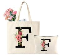 Tarklanda Personnalisé Alphabet Sac en Toile, Tote Bag Initiale, Sac Fourre Tout Femme, Cadeau pour Femme, Amie, Demoiselle d'honneur, Idéal Cadeau pour Anniversaire, Mariage, Fête des mères (F)