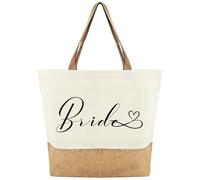 Tarklanda Sac Fourre Tout en Jute Bride, Sac Mariée Cabas de Plage Courses Coton et Jute, Cadeau pour mariées lors des mariages, Accessoires JGA