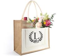 Tarklanda Sac Toile Jute Initiale Personnalisé, Sac en Toile de Jute avec Lettre et Fleurs, Sac Cabas de Course Femme, Cadeau pour Femmes, Amis, Anniversaire, Vacances, Mariage, Fête des mères (L)