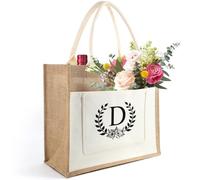 Tarklanda Sac Toile Jute Initiale Personnalisé, Sac fourre-tout avec Lettre Fleurs, Cabas de Course Femme, Cadeau pour Femmes, Amis, Maman, Anniversaire, Mariage, Fête des mères (D)