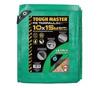 Tarpaulin 10m x 15m Waterproof Tarp Sheet Cover UV Resistant, 33ft x 49ft 150 GSM Ground Sheet Cover with Reinforced Grommets for Outdoor Furniture Caravan Multipurpose Usage Green/Grey, Tough Master