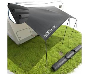 Tarpofix® Auvent Fourgon 4,5 x 2,4 m | Store Banne Camping-Car Déperlant avec Rail Keder | Solette Protection Solaire UV 60+ | Auvent Caravane Résistante avec Mâts en Aluminium pour Camping Car & Van