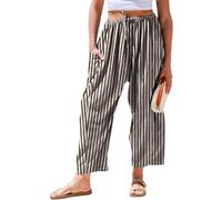TARSE Pantalon ample en lin pour femme avec cordon de serrage - Pour l'été 2025 - Pour la plage, les voyages, les vacances - Pantalon sarouel avec poches, Rayures noires et beiges, Taille S