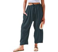 TARSE Pantalon ample en lin pour femme avec cordon de serrage pour l'été, la plage, les voyages, les vacances, le sarouel palazzo avec poches, vert mer, XX-Large