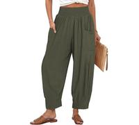 TARSE Pantalon bohème en lin pour femme - Style décontracté - Taille haute - Pour la plage, les voyages, les vacances, vert militaire, Taille L