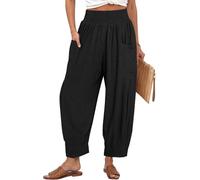 TARSE Pantalon bohème en lin pour femme - Style décontracté - Taille haute - Pour la plage, les voyages, les vacances, noir, XX-Large