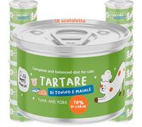 Tartare de thon et de porc | Nourriture humide pour chats complète | Recette naturelle et grain libre en texture douce | Avec de l'huile de saumon riche en oméga 3 et 6 | 18x85g Made in Italy | Hygge