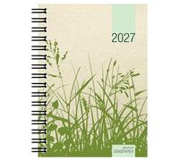 Taschenkalender 1W/2S Graspapier 2027: Wochenplaner 10x14 cm mit 1 Woche auf 2 Seiten, Spiralbindung & 4-sprachigem Kalendarium, umweltfreundlicher Buchkalender für Büro & Homeoffice