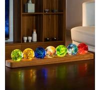 Tashace Veilleuse Boule de Cristal Lumineuse 7 Boules de Cristal en Verre colorées avec Lampe LED Support en Bois for la décoration de l'espace du Salon de la Maison(7 Rectangular Bases)