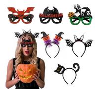 Tashce Ensemble bandeau et lunettes d'Halloween (6 pièces) pour les fêtes d'horreur - Comprend des motifs tels que chauve-souris, citrouille, squelette, démon, chat - Accessoires de décoration