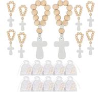 Tasodin Lot de 10 chapelets en bois avec pendentif en forme de croix et sacs en maille blanche pour baptême, première communion, confirmation, fête prénatale, baptême