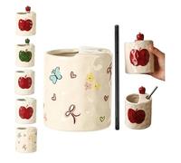 Tasse à café 350 ml en céramique avec trou pour siroter, tasse à café en céramique 3D pour cuisine, salle à manger, rouge (blanc)