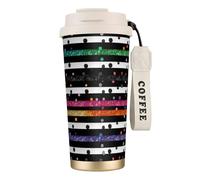 Tasse à café à double paroi en acier inoxydable 316 à rayures noires et blanches à paillettes arc-en-ciel, durable, isolée et élégante, convient pour les amateurs de café et de thé