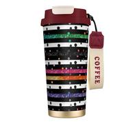 Tasse à café à double paroi en acier inoxydable 316 à rayures noires et blanches à paillettes arc-en-ciel, durable, isolée et élégante, convient pour les amateurs de café et de thé