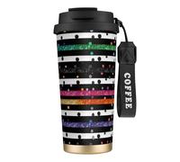 Tasse à café à double paroi en acier inoxydable 316 à rayures noires et blanches à paillettes arc-en-ciel, durable, isolée et élégante, convient pour les amateurs de café et de thé