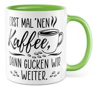 Tasse à café avec inscription en allemand - Cadeau d'abord un café, puis regardez plus loin - Tasse à café 330 ml en céramique - Tasse à café motivation humour travail collègue