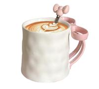 Tasse à café avec nœud rose - Jolie tasse décorative avec poignée en ruban en céramique | Jolie tasse à café avec cuillère à mélanger pour boissons chaudes, cacao, latte, thé, café à la maison, au