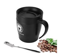 Tasse à café avec poignée isotherme en acier inoxydable réutilisable tasse à café tasse à eau avec cuillère et couvercle pour voyage de bureau(le noir)