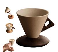 Tasse à café conique élégante avec base en bois, tasse à café en céramique rétro créative de 8,8 oz, conception en forme de cône irrégulière et poignée triangulaire Unny, pour le café à la mais large