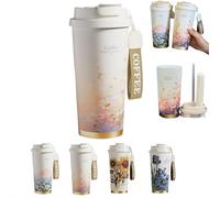 Tasse à café de 500 ml à emporter, tasse isotherme à double paroi, peinture à l'huile florale, tasse thermique, doublure en céramique, tasse de voyage en acier inoxydable, tasse à boire isotherme à