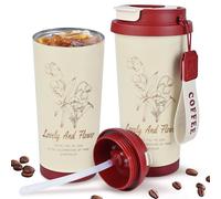 Tasse à café de voyage de grande capacité avec couvercle et paille - En acier inoxydable - Isolation sous vide à double paroi - 530 ml - Rouge vintage (muguet de la vallée)