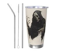 Tasse à café de voyage en acier inoxydable avec couvercle et paille - Motif de faucheuse d'Halloween - 591 ml - Durable - Pour boissons chaudes et froides