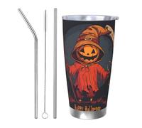 Tasse à café de voyage en acier inoxydable avec couvercle et paille pour boissons chaudes et froides - Motif Faucheuse d'Halloween - 591 ml